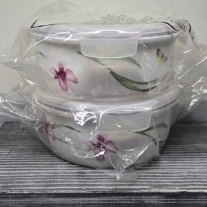 Silby Lock & Lock Ceramic Floral Food Storage Containers Set 2 Purple Iris 760ml